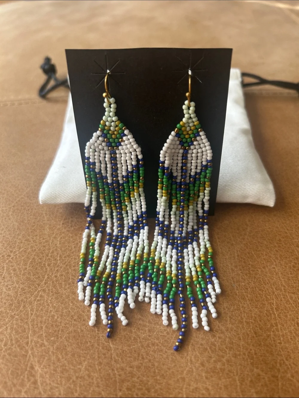 Handmade Myra White, Blue & Green Seed Bead Fringe Earrings